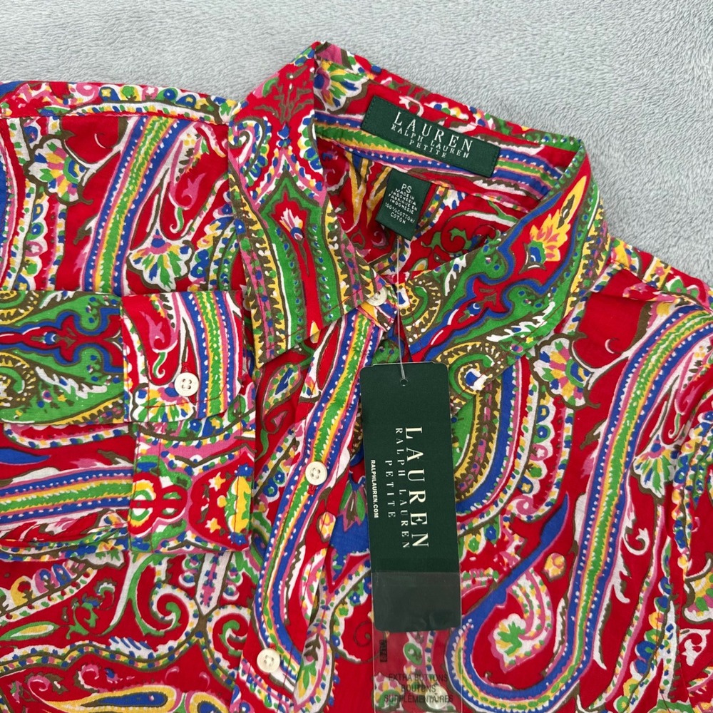 Lauren Ralph Lauren Women's‎ Red Paisley Cotton Button Down Shirt Petite Small